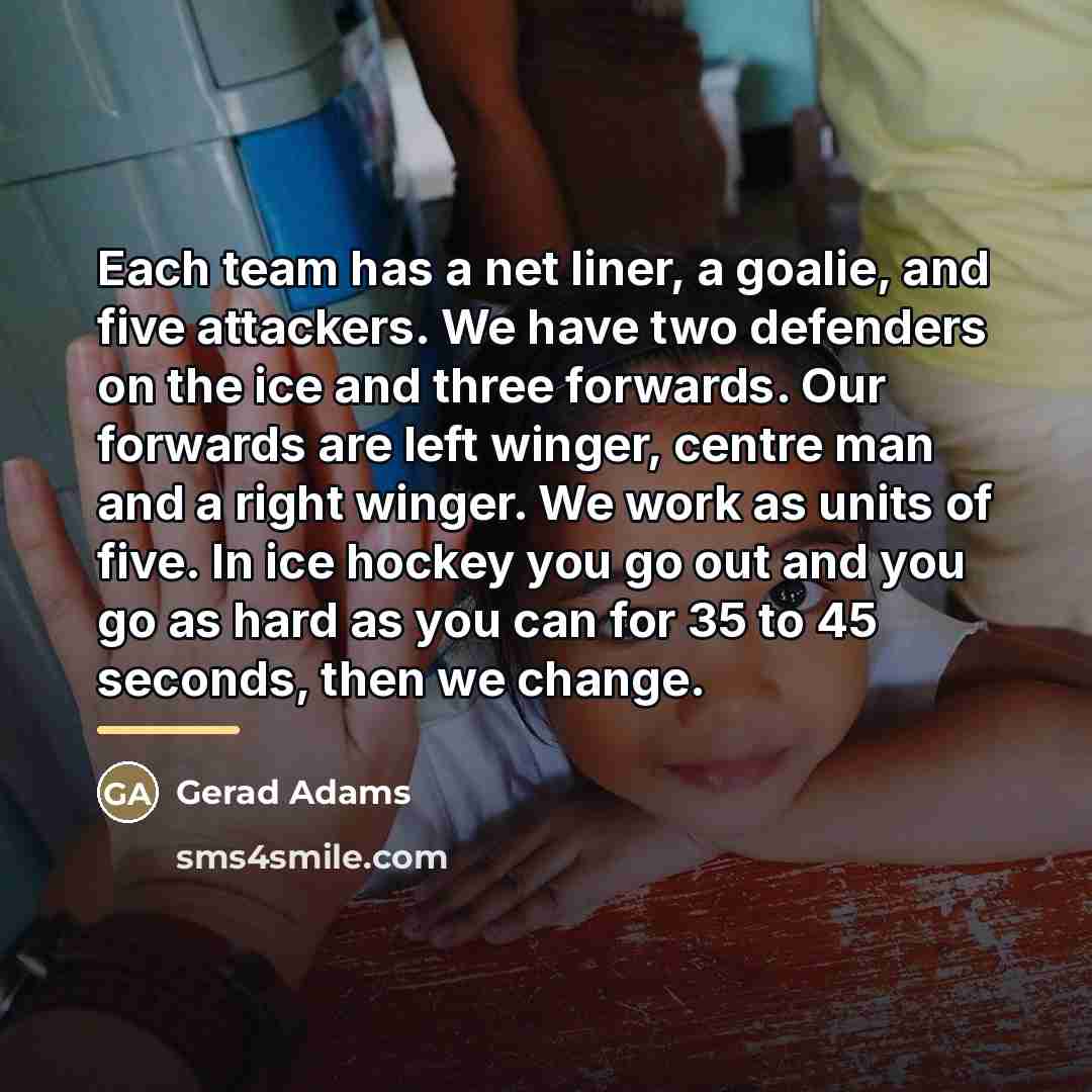 “Each team has a net liner, a goalie, and five…” quote by Gerad Adams
