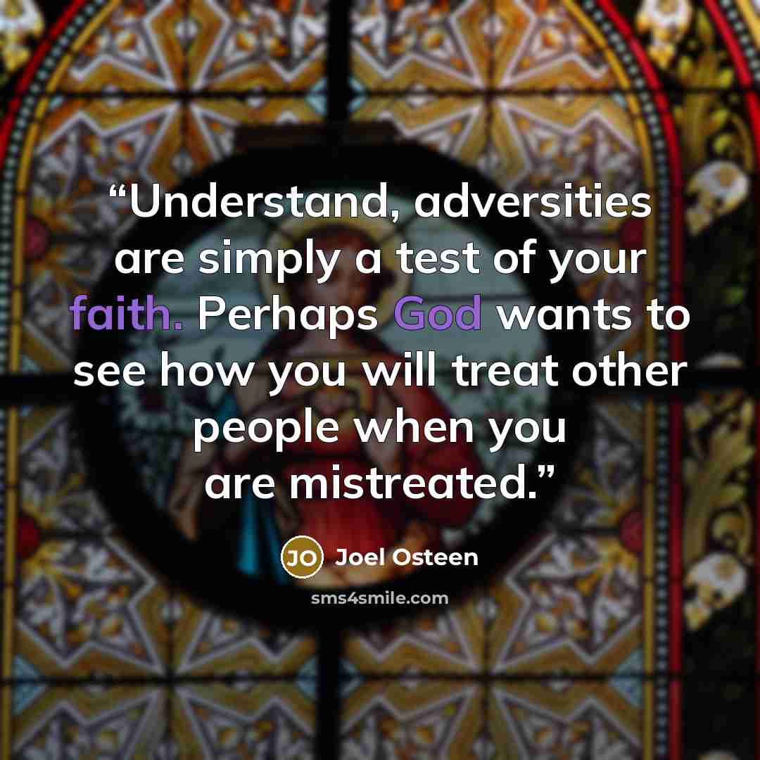 “Understand, adversities are simply a test of your faith. Perhaps God wants to see how you will treat other people when you are mistreated.” quote by Joel Osteen