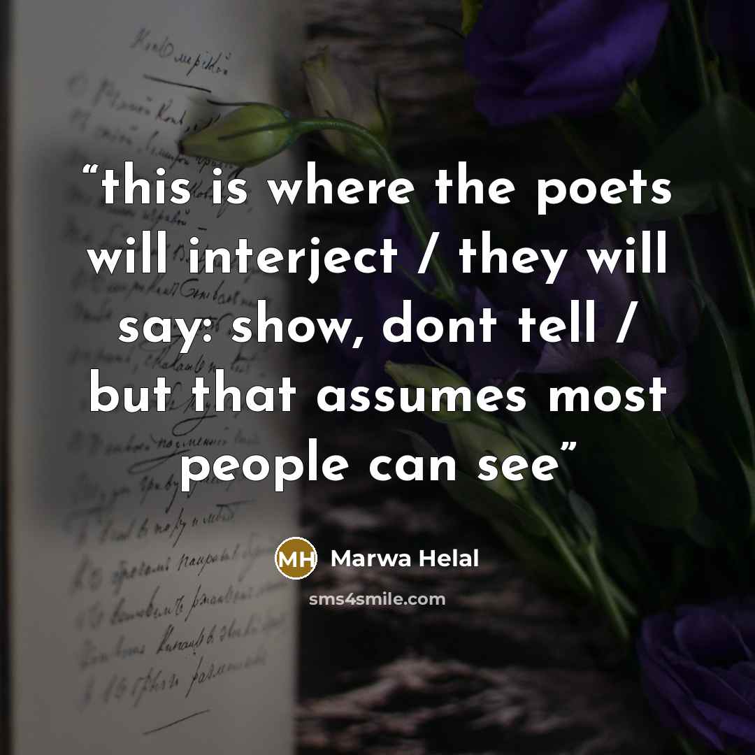 “this is where the poets will interject / they will say: show, dont tell / but that assumes most people can see” quote by Marwa Helal