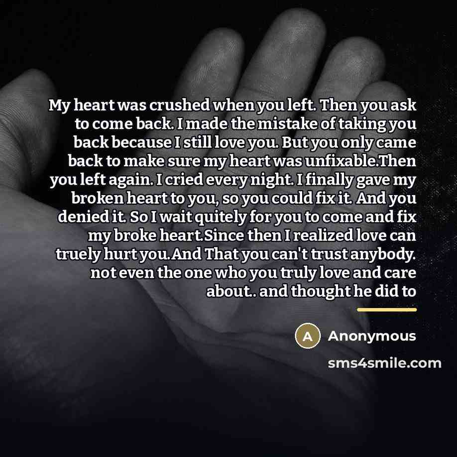 “My heart was crushed when you left. Then you ask…” quote by Anonymous