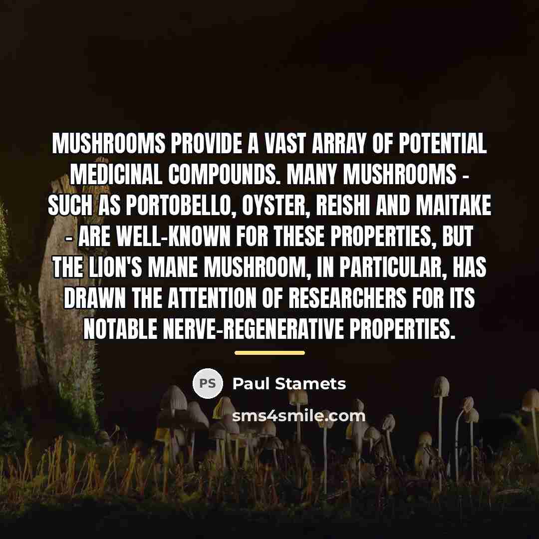 “Mushrooms provide a vast array of potential medicinal compounds. Many…” quote by Paul Stamets