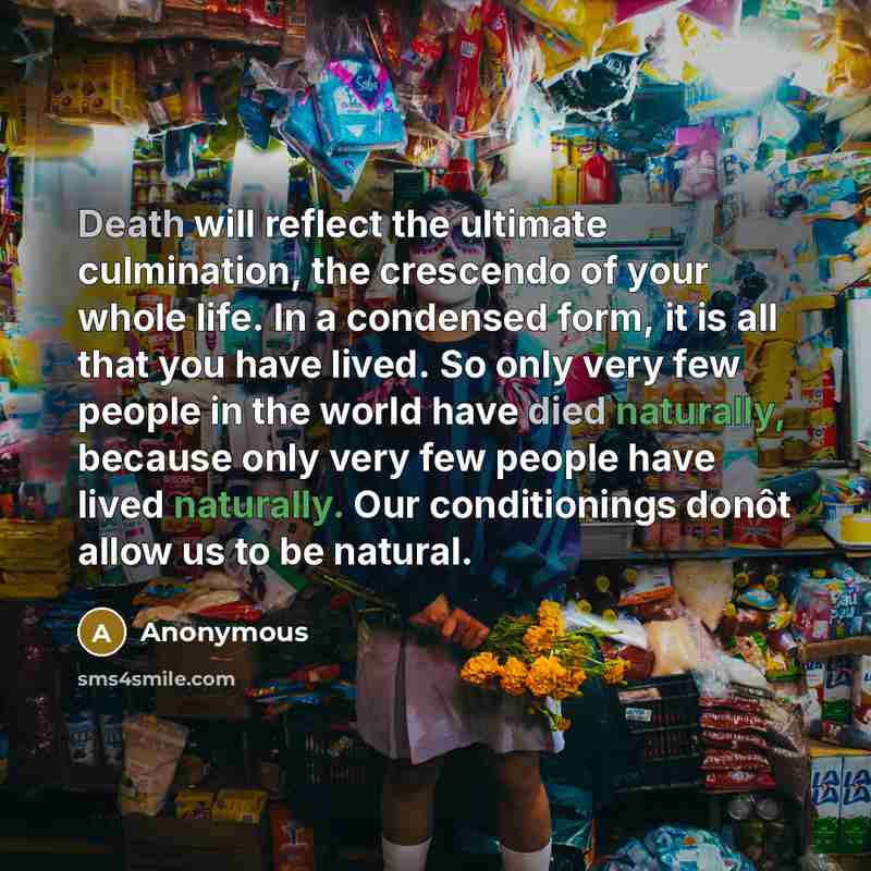 “Death will reflect the ultimate culmination, the crescendo of your whole life. In a condensed form, it is all that you have lived. So only very few people in the world have died naturally, because only very few people have lived naturally. Our conditionings donôt allow us to be natural.” quote by Anonymous