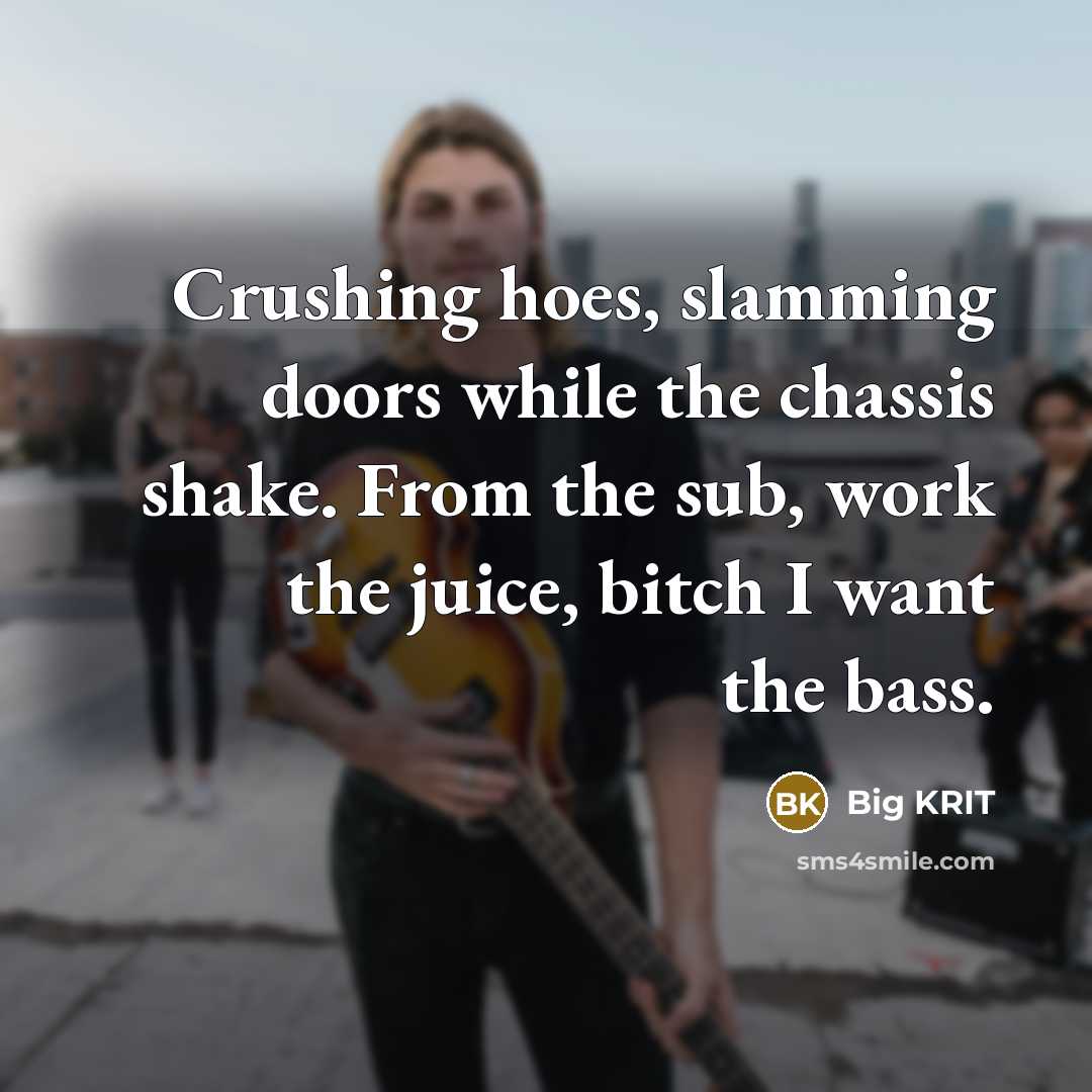 “Crushing hoes, slamming doors while the chassis shake. From the sub, work the juice, bitch I want the bass.” quote by Big Krit
