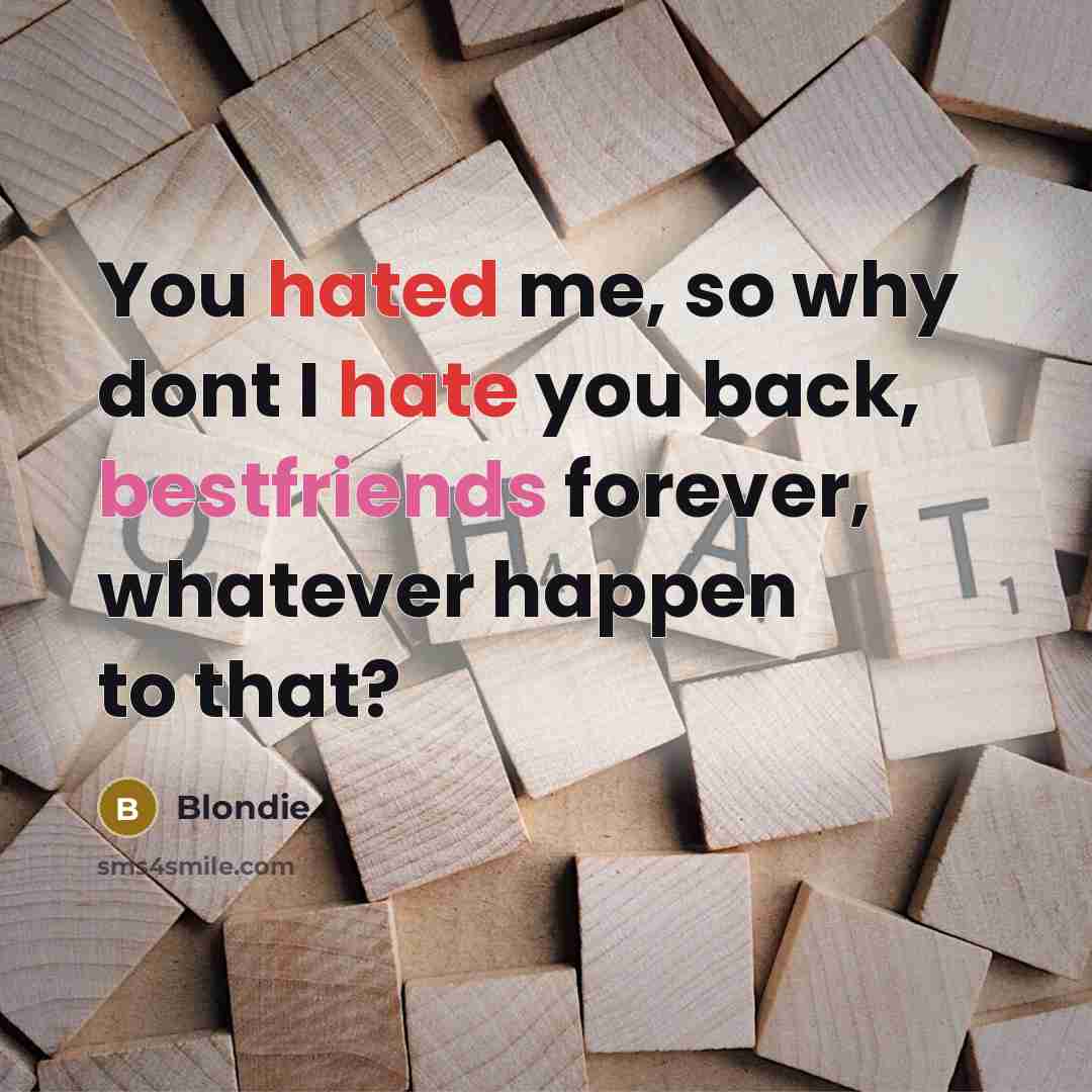 “You hated me, so why dont I hate you back, bestfriends forever, whatever happen to that?” quote by Blondie