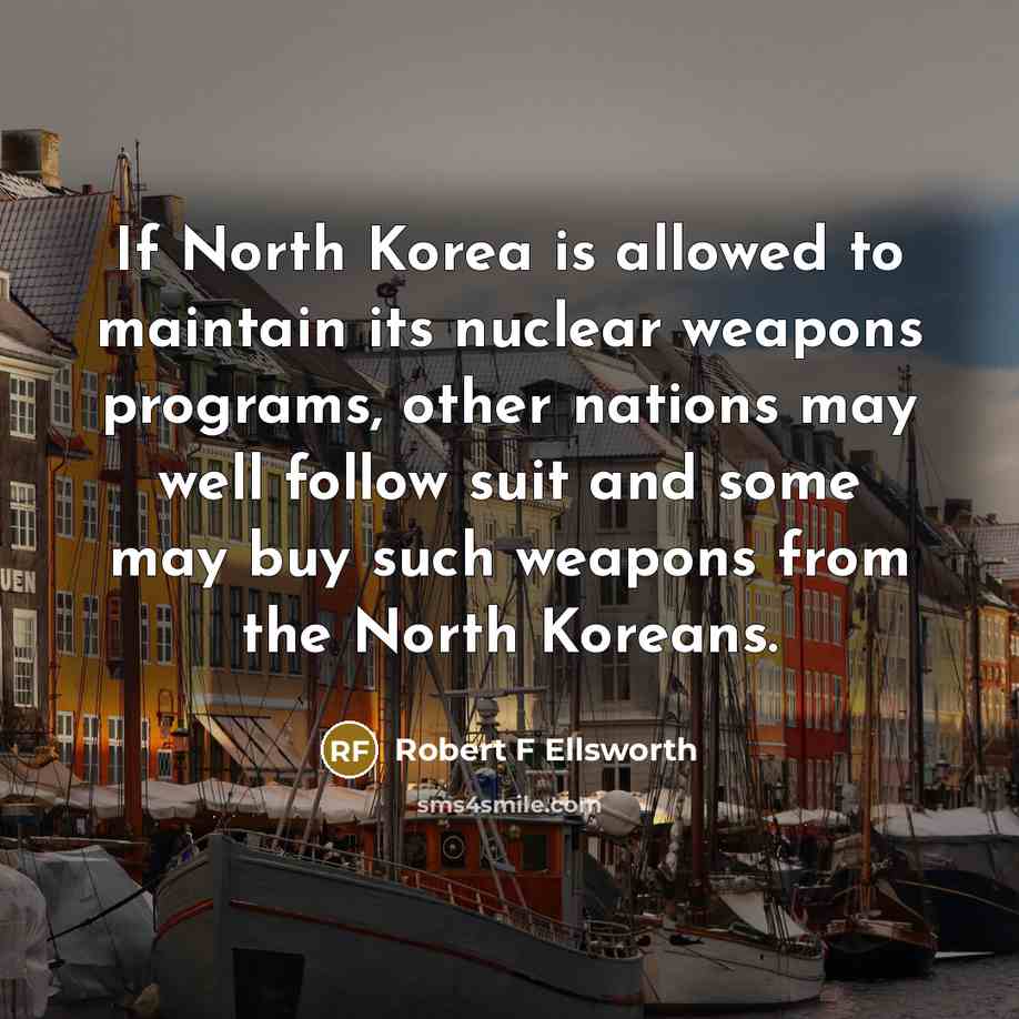 “If North Korea is allowed to maintain its nuclear weapons programs, other nations may well follow suit and some may buy such weapons from the North Koreans.” quote by Robert F Ellsworth