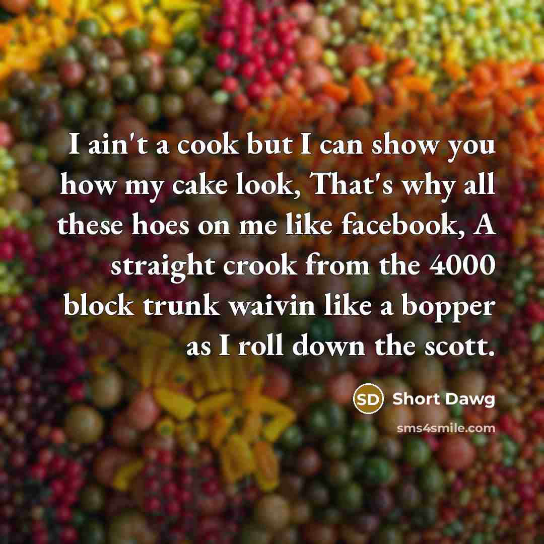 “I ain't a cook but I can show you how my cake look, That's why all these hoes on me like facebook, A straight crook from the 4000 block trunk waivin like a bopper as I roll down the scott.” quote by Short Dawg