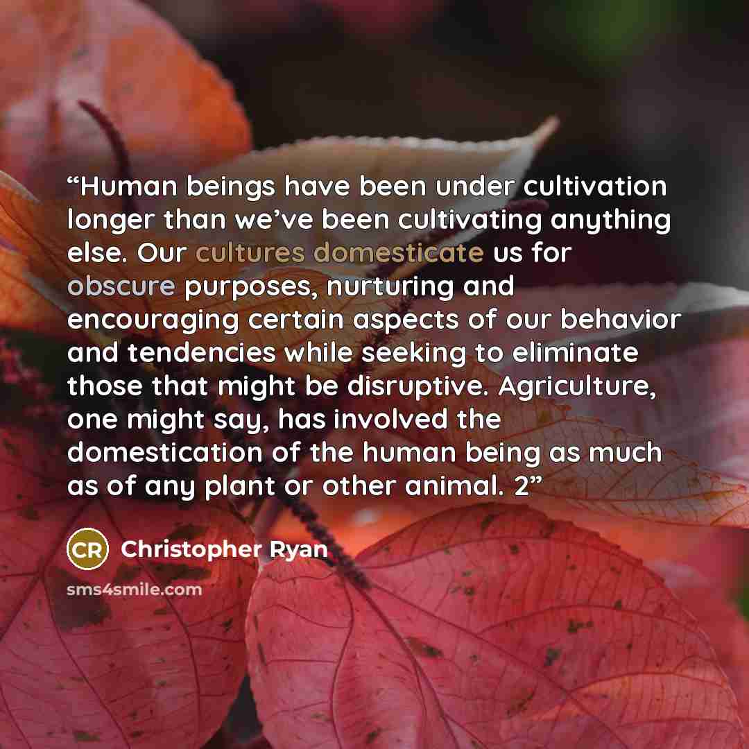 “Human beings have been under cultivation longer than we’ve been cultivating anything else. Our cultures domesticate us for obscure purposes, nurturing and encouraging certain aspects of our behavior and tendencies while seeking to eliminate those that might be disruptive. Agriculture, one might…” quote by Christopher Ryan