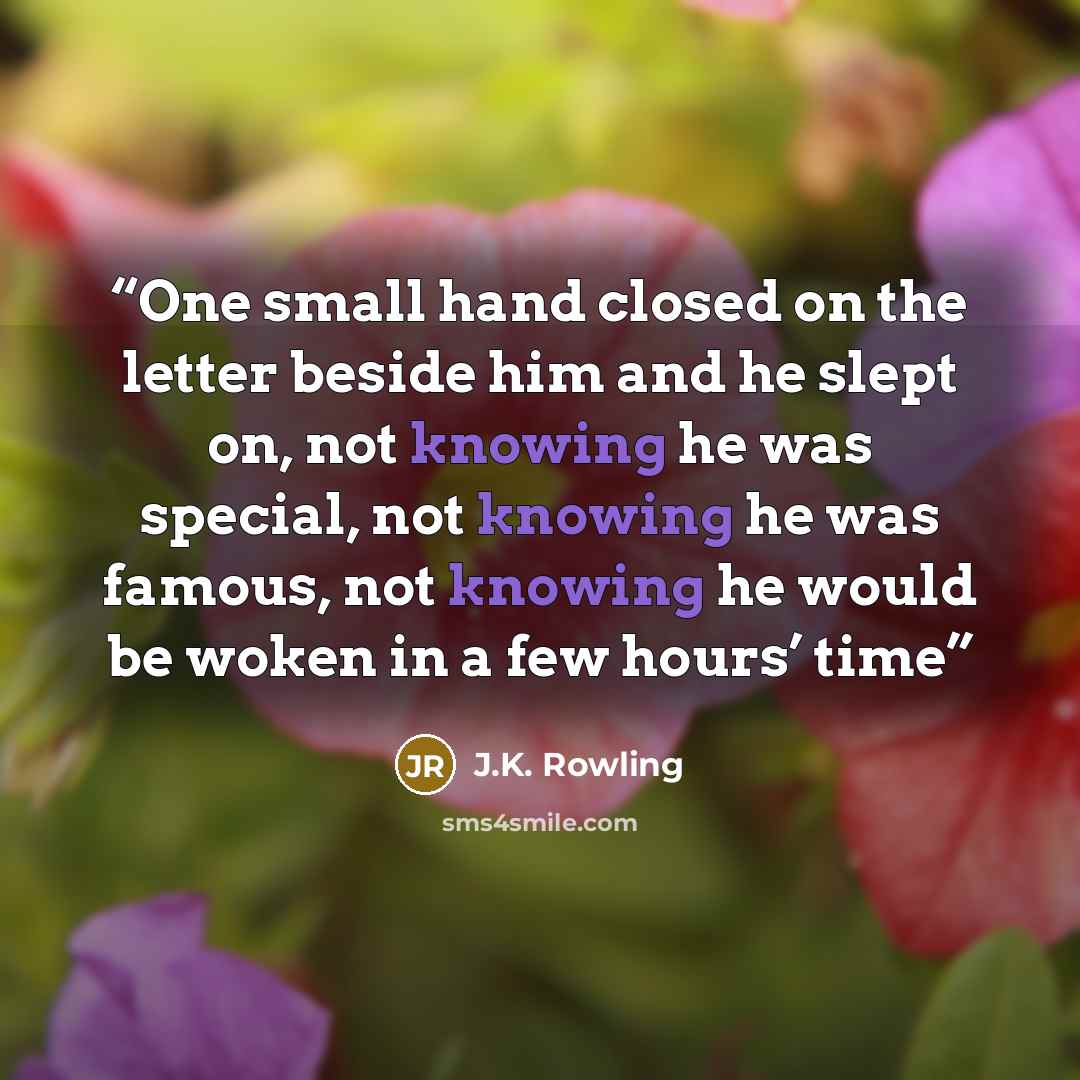 “One small hand closed on the letter beside him and he slept on, not knowing he was special, not knowing he was famous, not knowing he would be woken in a few hours’ time” quote by J.K. Rowling