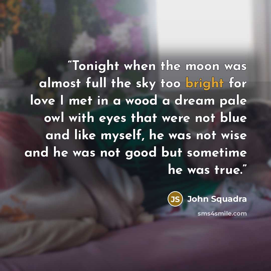 “Tonight when the moon was almost full the sky too bright for love I met in a wood a dream pale owl with eyes that were not blue and like myself, he was not wise and he was not good but sometime he was true.” quote by John Squadra