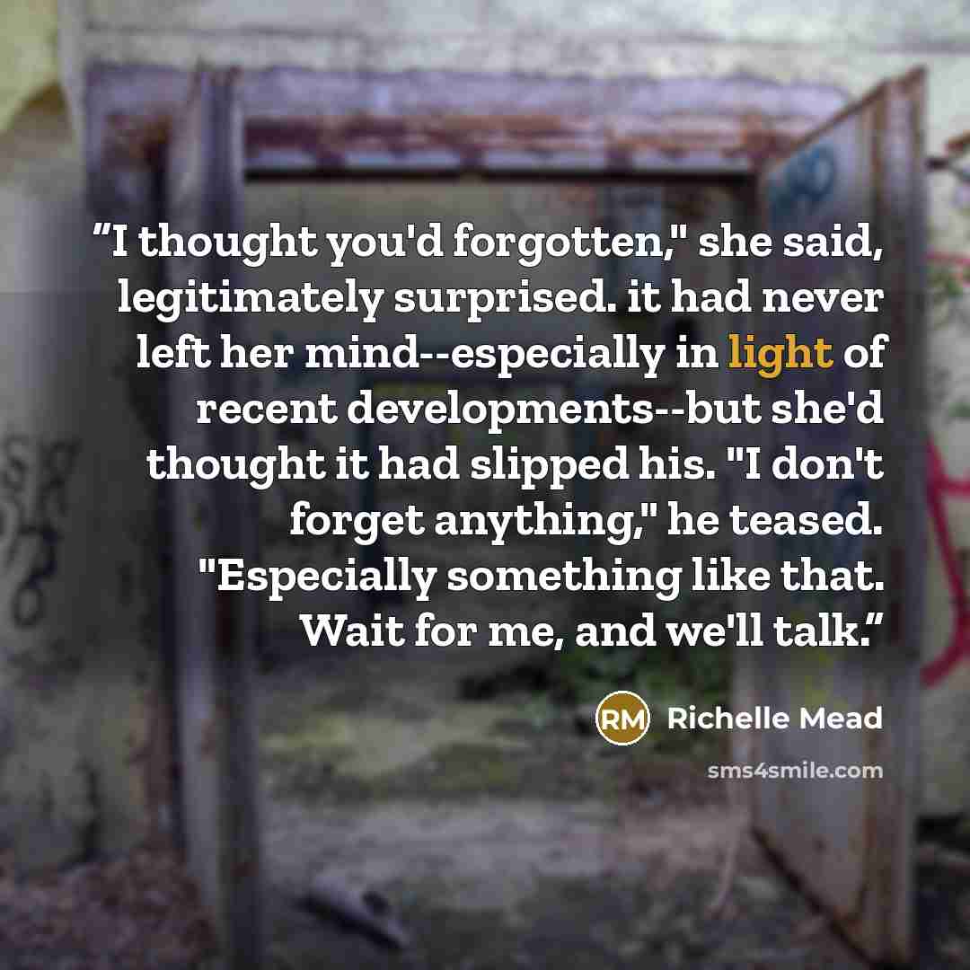“I thought you'd forgotten," she said, legitimately surprised. it had never left her mind--especially in light of recent developments--but she'd thought it had slipped his. "I don't forget anything," he teased. "Especially something like that. Wait for me, and we'll talk.” quote by Richelle Mead