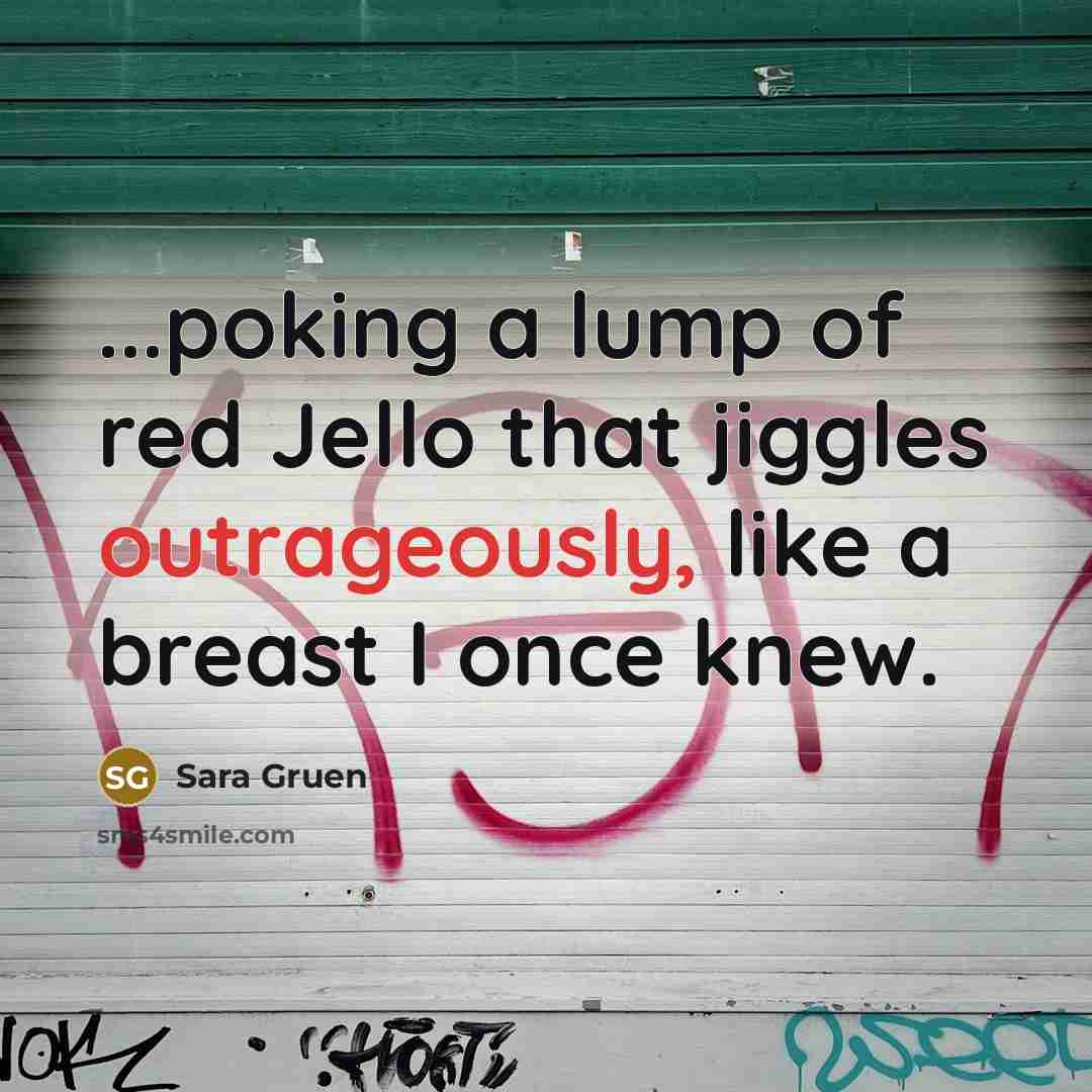 “...poking a lump of red Jello that jiggles outrageously, like…” quote by Sara Gruen