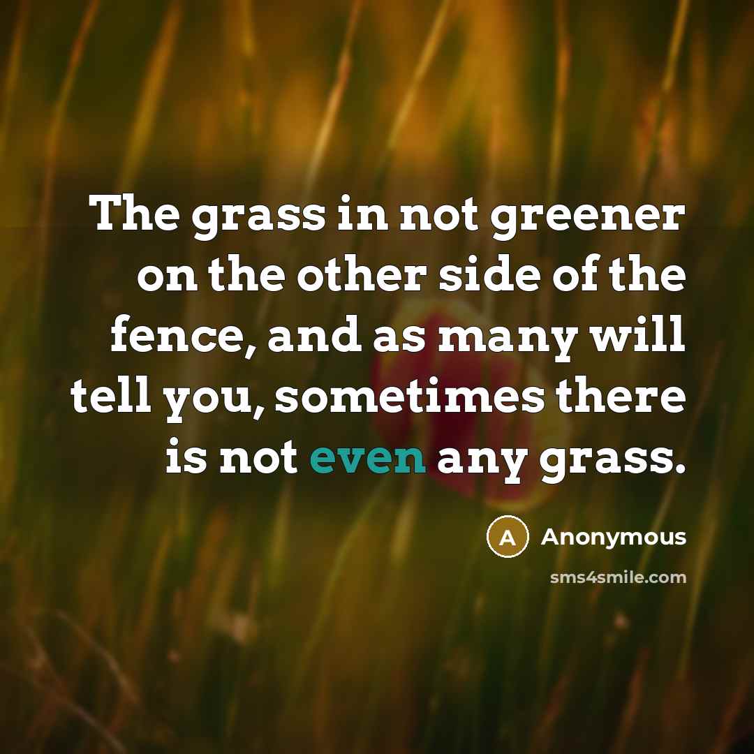 “The grass in not greener on the other side of the fence, and as many will tell you, sometimes there is not even any grass.” quote by Anonymous