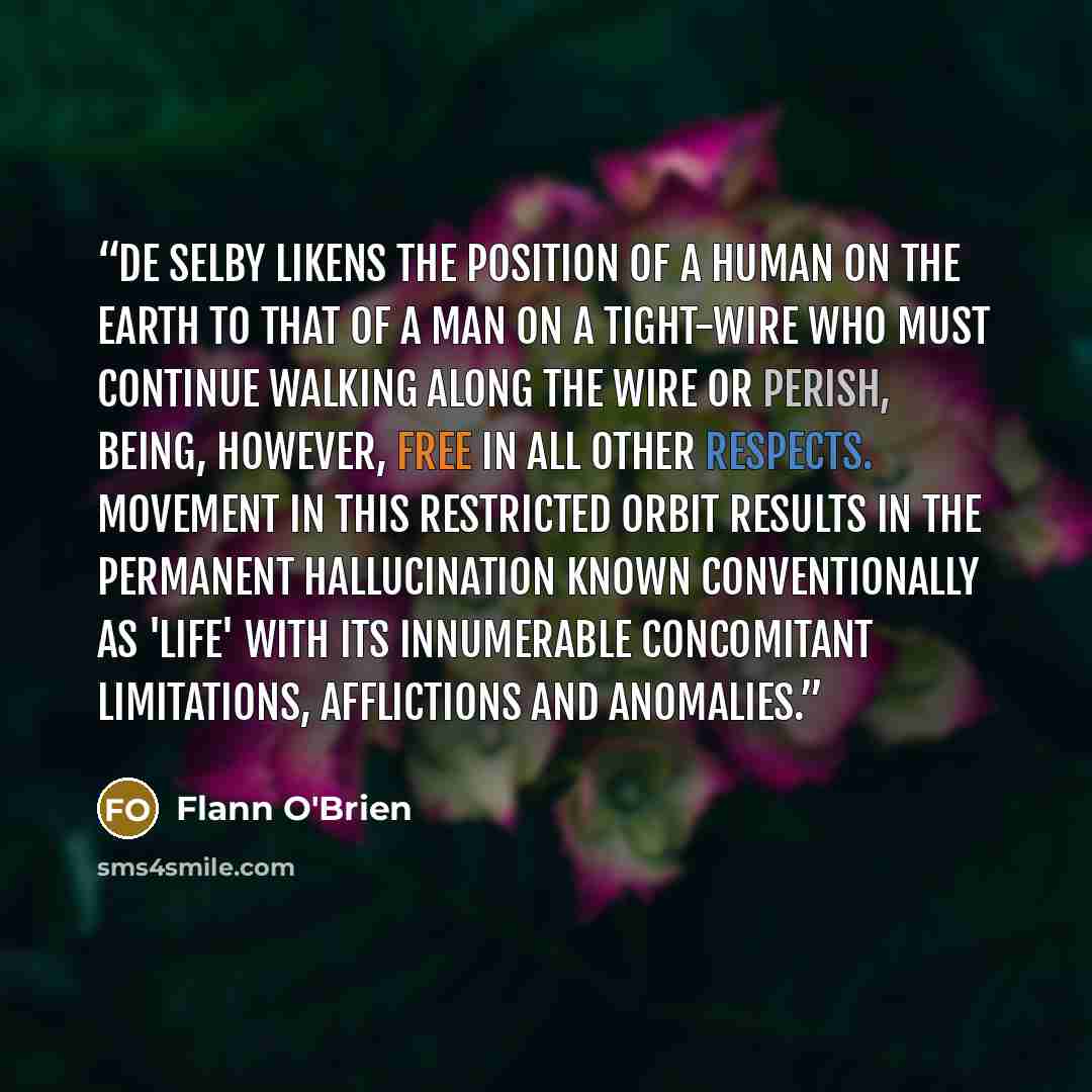 “De Selby likens the position of a human on the earth to that of a man on a tight-wire who must continue walking along the wire or perish, being, however, free in all other respects. Movement in this restricted orbit results in the permanent hallucination known conventionally as 'life' with its…” quote by Flann O'Brien
