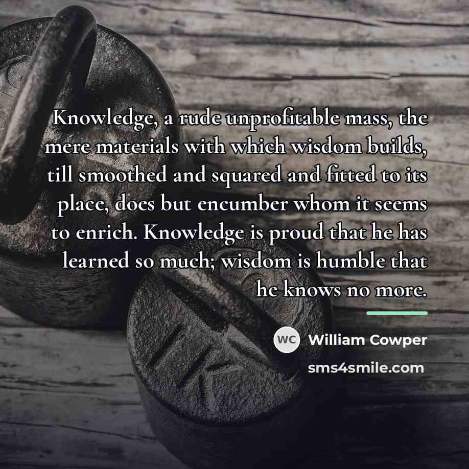 “Knowledge, a rude unprofitable mass, the mere materials with which…” quote by William Cowper