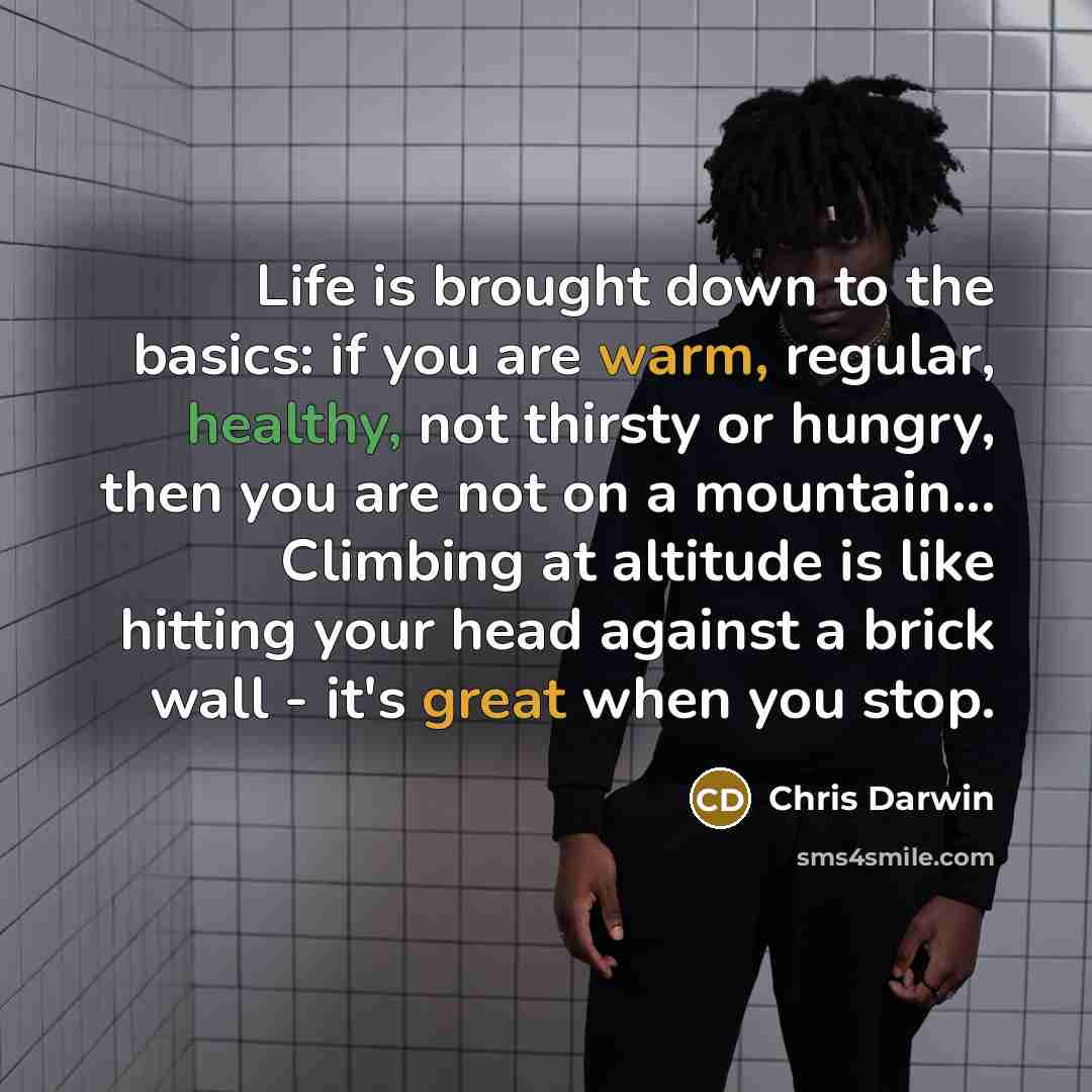“Life is brought down to the basics: if you are warm, regular, healthy, not thirsty or hungry, then you are not on a mountain... Climbing at altitude is like hitting your head against a brick wall - it's great when you stop.” quote by Chris Darwin