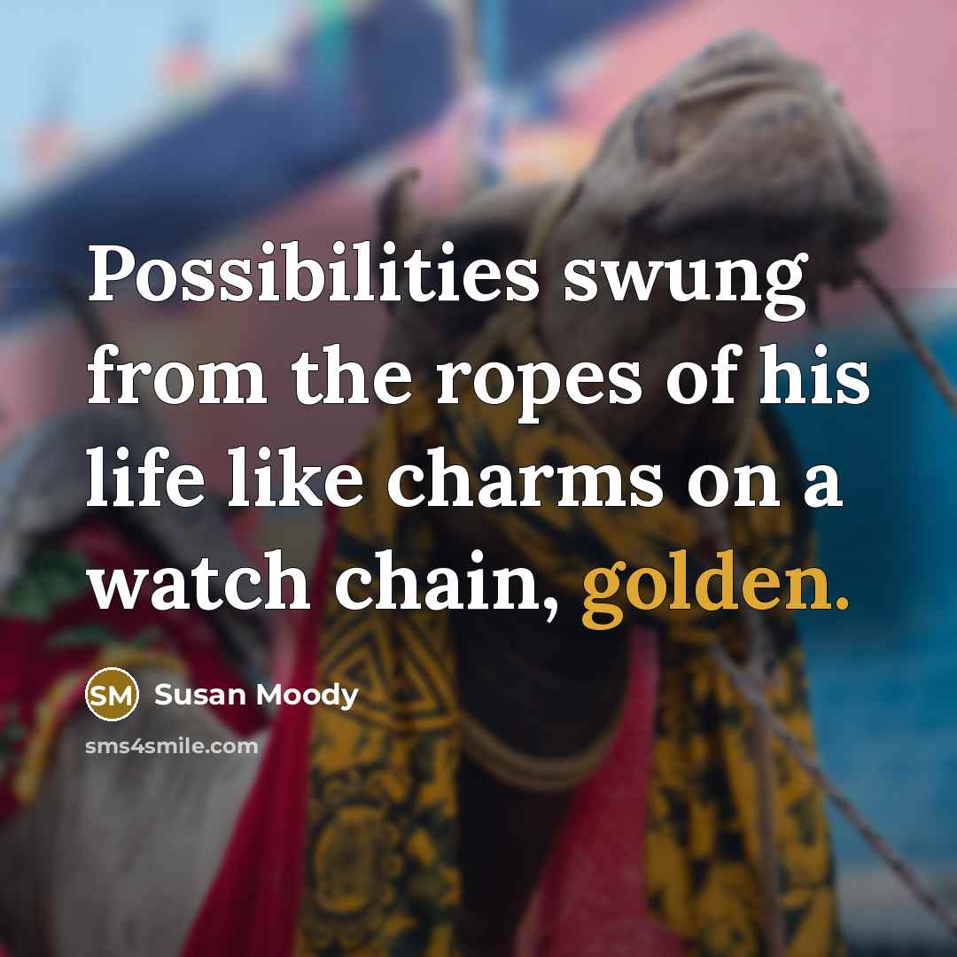 “Possibilities swung from the ropes of his life like charms…” quote by Susan Moody