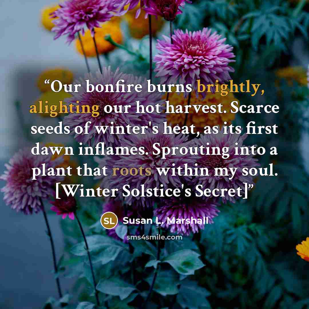 “Our bonfire burns brightly, alighting our hot harvest. Scarce seeds of winter's heat, as its first dawn inflames. Sprouting into a plant that roots within my soul. [Winter Solstice's Secret]” quote by Susan L. Marshall