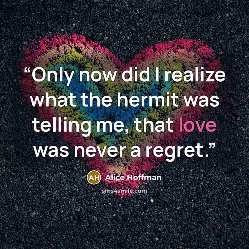 “Only now did I realize what the hermit was telling me, that love was never a regret.” quote by Alice Hoffman