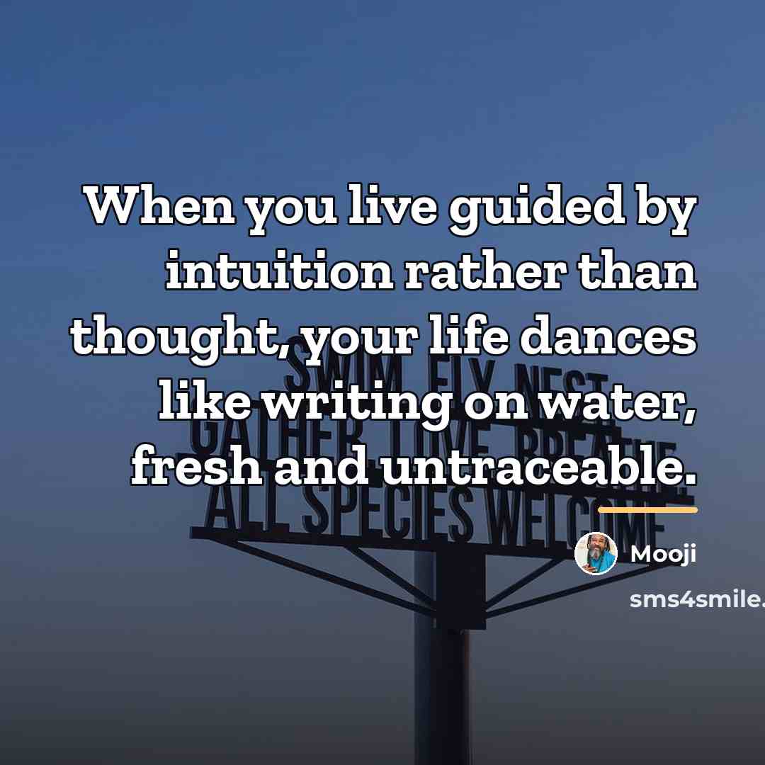 “When you live guided by intuition rather than thought, your…” quote by Mooji