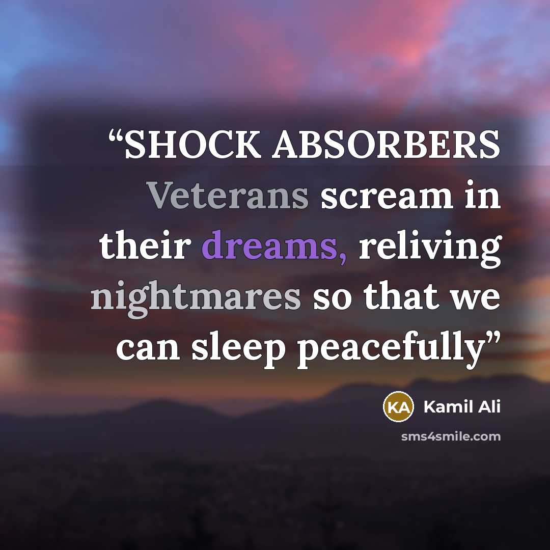 “SHOCK ABSORBERS Veterans scream in their dreams, reliving nightmares so that we can sleep peacefully” quote by Kamil Ali