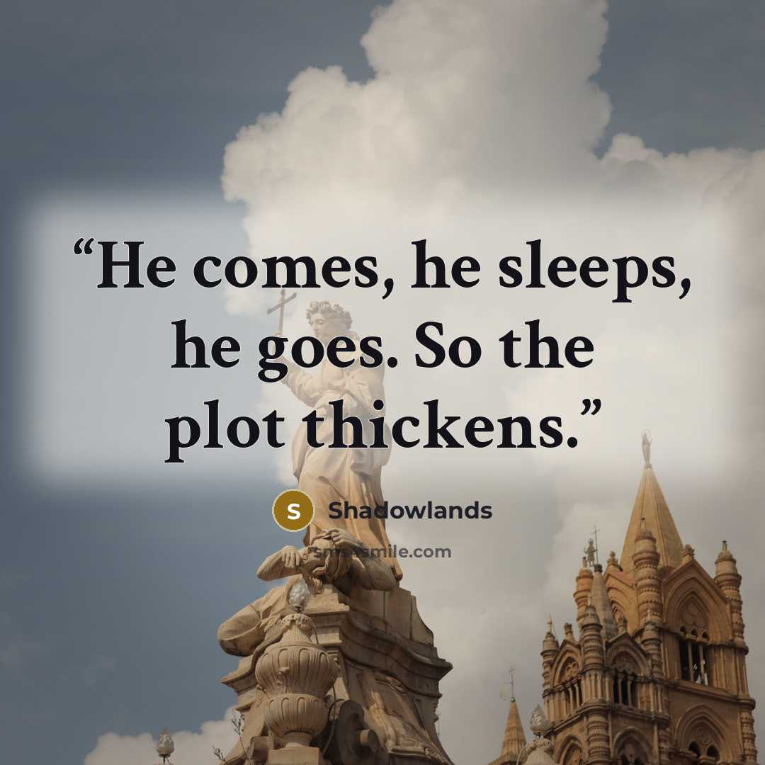 “He comes, he sleeps, he goes. So the plot thickens.” quote by Shadowlands