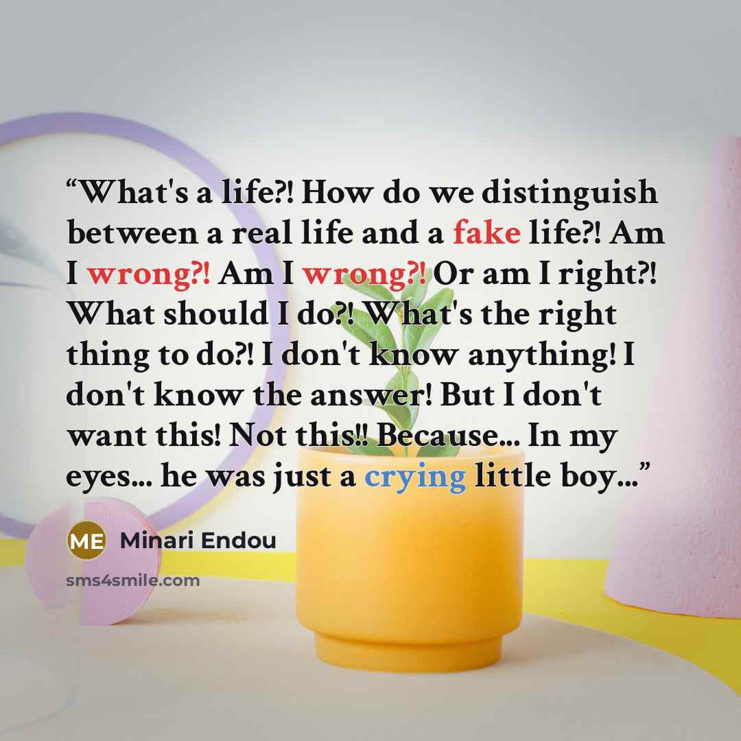 “What's a life?! How do we distinguish between a real life and a fake life?! Am I wrong?! Am I wrong?! Or am I right?! What should I do?! What's the right thing to do?! I don't know anything! I don't know the answer! But I don't want this! Not this!! Because... In my eyes... he was just a crying…” quote by Minari Endou