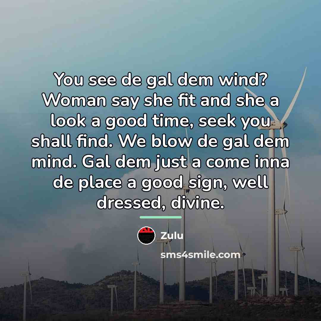 “You see de gal dem wind? Woman say she fit…” quote by Zulu