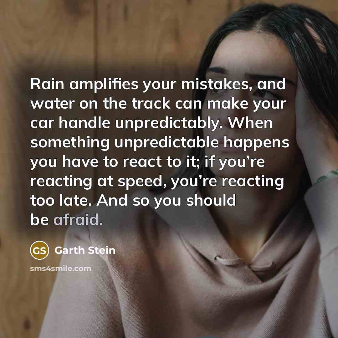 “Rain amplifies your mistakes, and water on the track can…” quote by Garth Stein