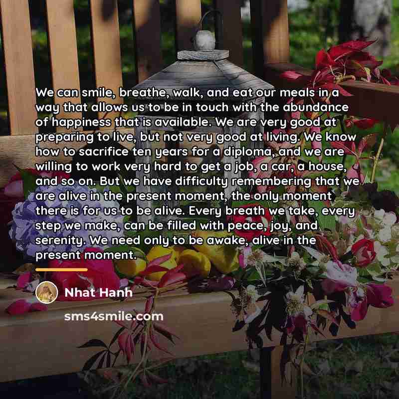 “We can smile, breathe, walk, and eat our meals in…” quote by Nhat Hanh
