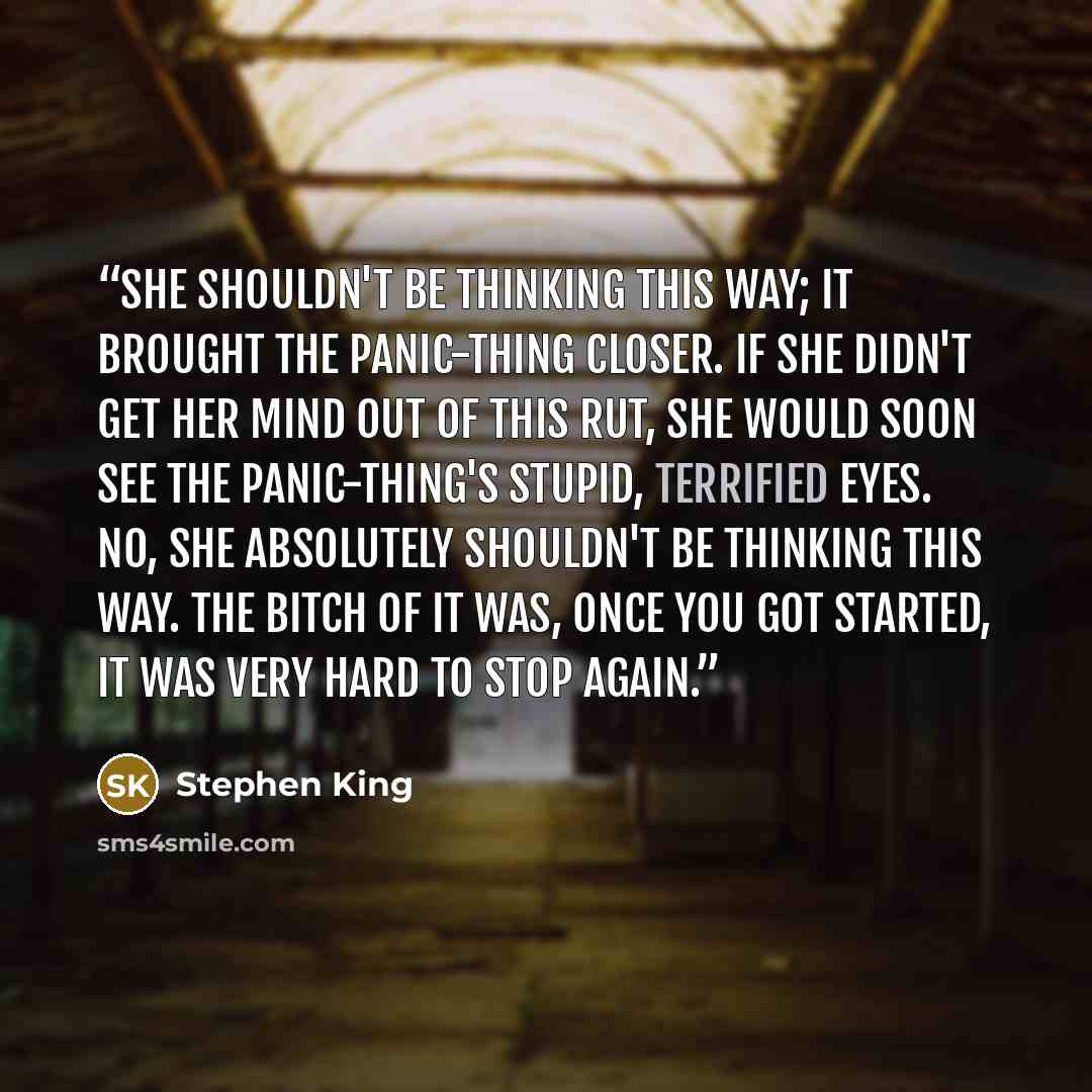 “She shouldn't be thinking this way; it brought the panic-thing closer. If she didn't get her mind out of this rut, she would soon see the panic-thing's stupid, terrified eyes. No, she absolutely shouldn't be thinking this way. The bitch of it was, once you got started, it was very hard to stop…” quote by Stephen King