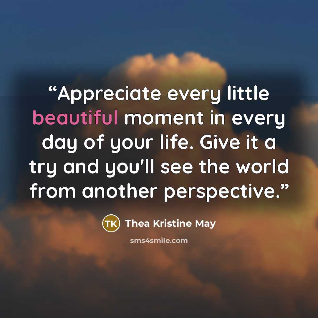 “Appreciate every little beautiful moment in every day of your life. Give it a try and you'll see the world from another perspective.” quote by Thea Kristine May