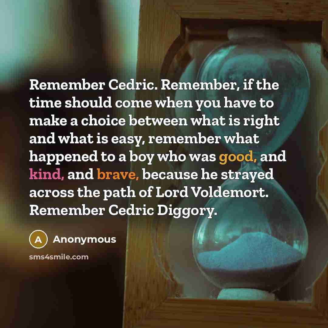 “Remember Cedric. Remember, if the time should come when you have to make a choice between what is right and what is easy, remember what happened to a boy who was good, and kind, and brave, because he strayed across the path of Lord Voldemort. Remember Cedric Diggory.” quote by Anonymous