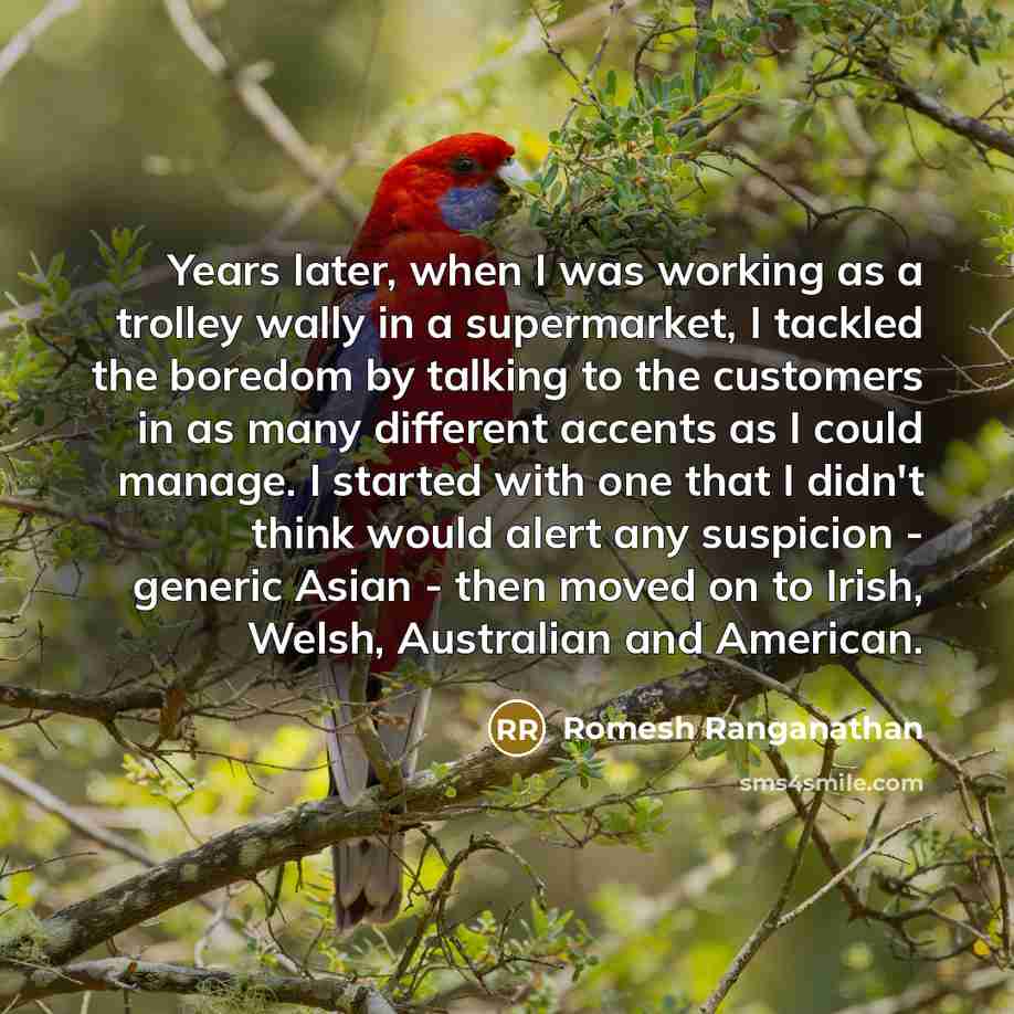 “Years later, when I was working as a trolley wally in a supermarket, I tackled the boredom by talking to the customers in as many different accents as I could manage. I started with one that I didn't think would alert any suspicion - generic Asian - then moved on to Irish, Welsh, Australian and…” quote by Romesh Ranganathan