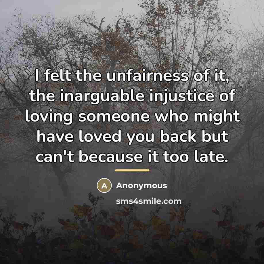 “I felt the unfairness of it, the inarguable injustice of…” quote by Anonymous