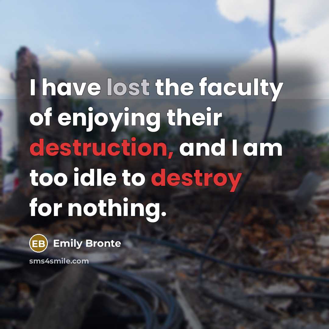 “I have lost the faculty of enjoying their destruction, and I am too idle to destroy for nothing.” quote by Emily Bronte