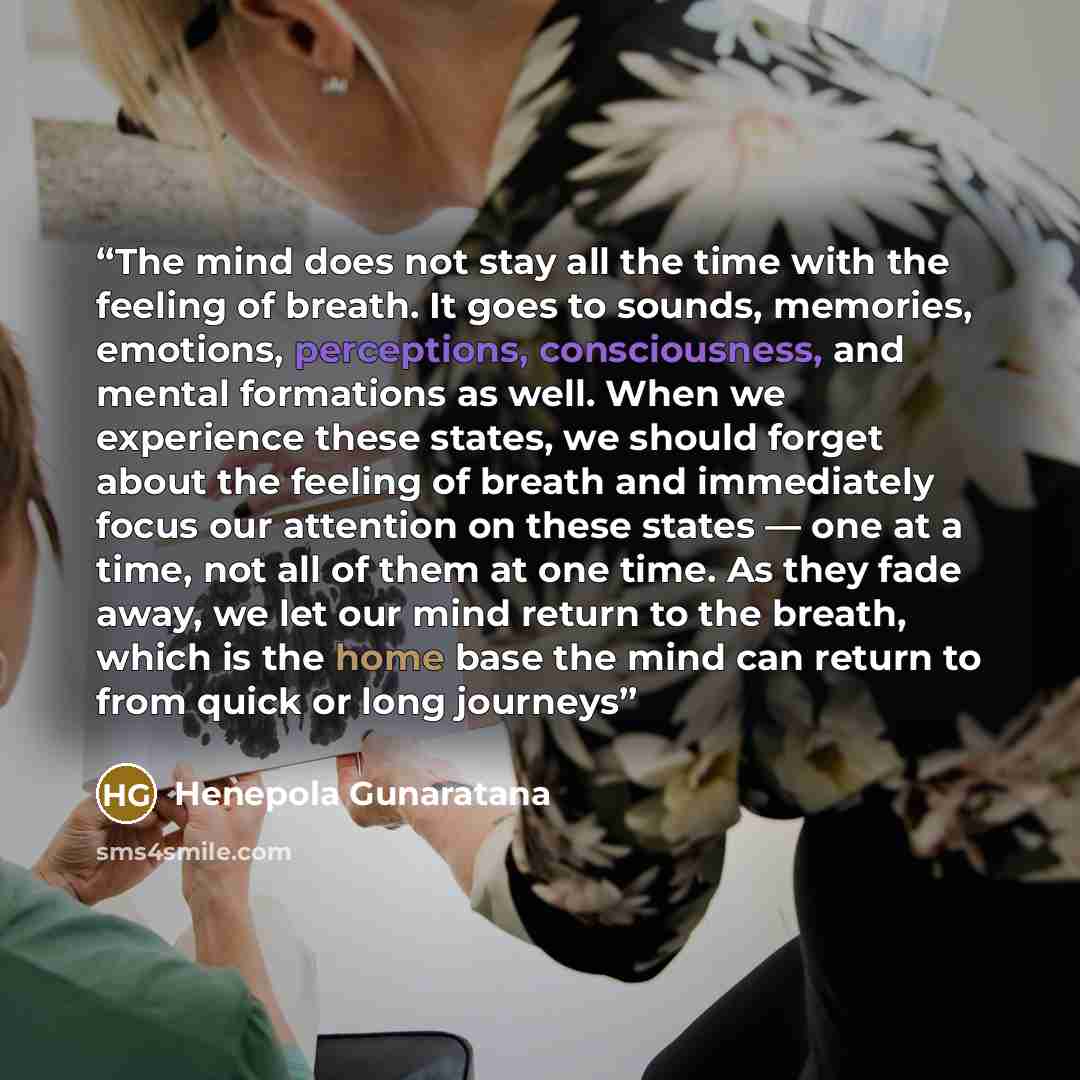 “The mind does not stay all the time with the feeling of breath. It goes to sounds, memories, emotions, perceptions, consciousness, and mental formations as well. When we experience these states, we should forget about the feeling of breath and immediately focus our attention on these states — one…” quote by Henepola Gunaratana