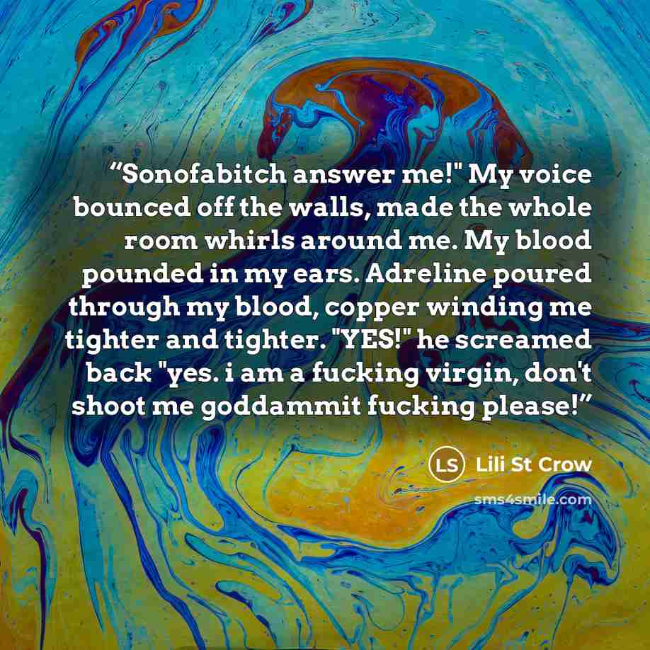 “Sonofabitch answer me!" My voice bounced off the walls, made the whole room whirls around me. My blood pounded in my ears. Adreline poured through my blood, copper winding me tighter and tighter. "YES!" he screamed back "yes. i am a fucking virgin, don't shoot me goddammit fucking please!” quote by Lili St Crow
