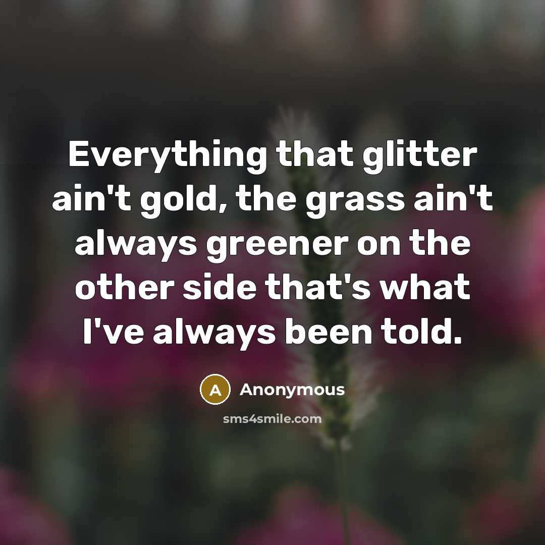 “Everything that glitter ain't gold, the grass ain't always greener on the other side that's what I've always been told.” quote by Anonymous