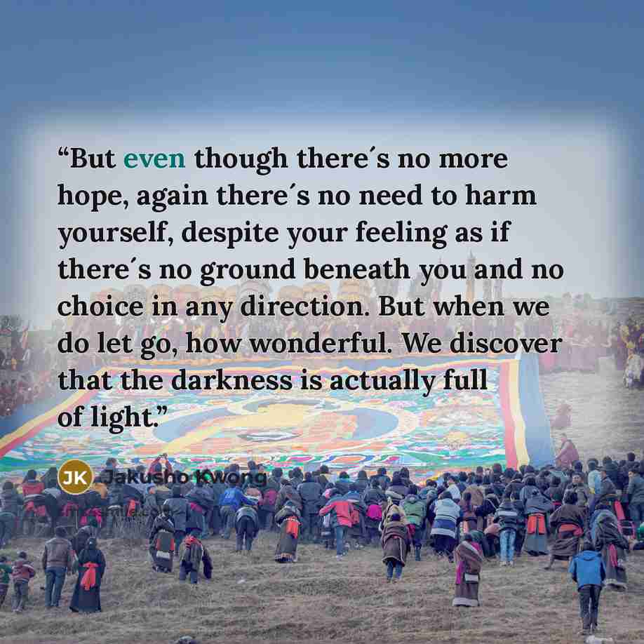 “But even though there´s no more hope, again there´s no need to harm yourself, despite your feeling as if there´s no ground beneath you and no choice in any direction. But when we do let go, how wonderful. We discover that the darkness is actually full of light.” quote by Jakusho Kwong