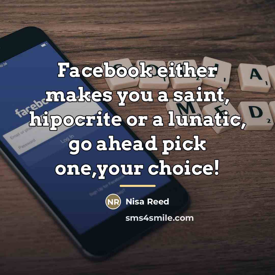 “Facebook either makes you a saint, hipocrite or a lunatic,…” quote by Nisa Reed
