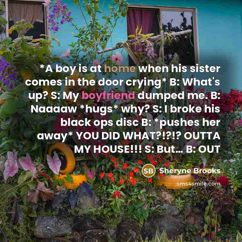 “*A boy is at home when his sister comes in the door crying* B: What's up? S: My boyfriend dumped me. B: Naaaaw *hugs* why? S: I broke his black ops disc B: *pushes her away* YOU DID WHAT?!?!? OUTTA MY HOUSE!!! S: But… B: OUT” quote by Sheryne Brooks
