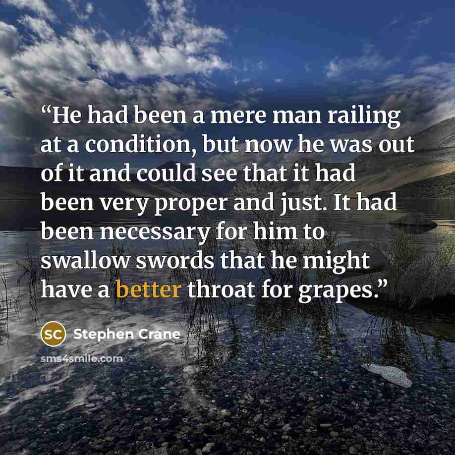“He had been a mere man railing at a condition, but now he was out of it and could see that it had been very proper and just. It had been necessary for him to swallow swords that he might have a better throat for grapes.” quote by Stephen Crane