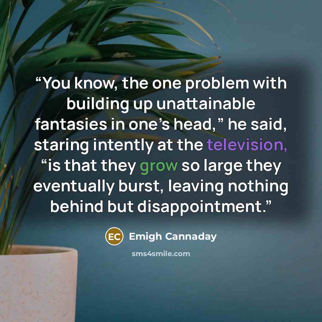 “You know, the one problem with building up unattainable fantasies in one’s head,” he said, staring intently at the television, “is that they grow so large they eventually burst, leaving nothing behind but disappointment.” quote by Emigh Cannaday