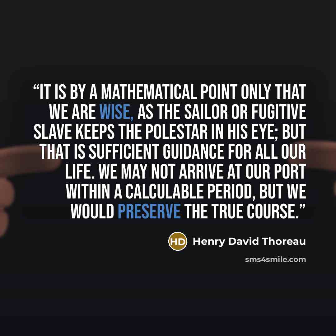“It is by a mathematical point only that we are wise, as the sailor or fugitive slave keeps the polestar in his eye; but that is sufficient guidance for all our life. We may not arrive at our port within a calculable period, but we would preserve the true course.” quote by Henry David Thoreau
