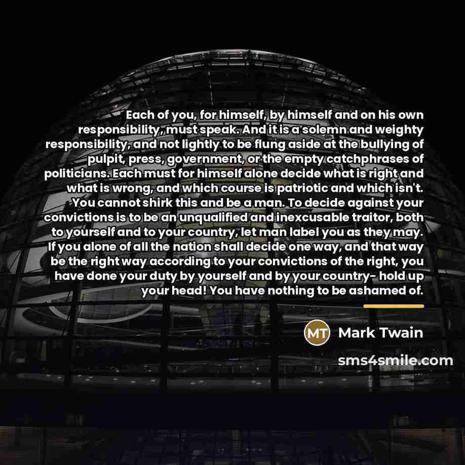 “Each of you, for himself, by himself and on his…” quote by Mark Twain