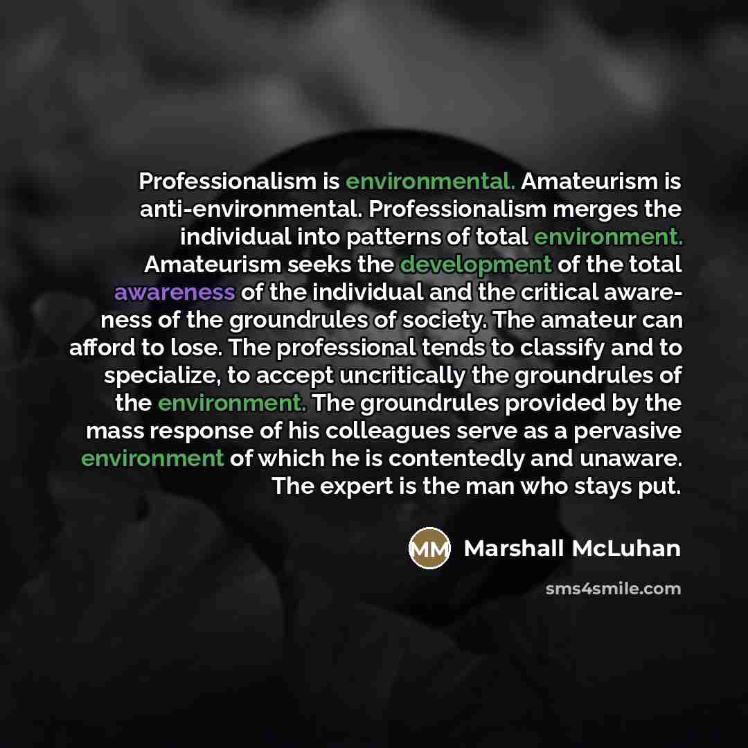 “Professionalism is environmental. Amateurism is anti-environmental. Professionalism merges the individual…” quote by Marshall McLuhan