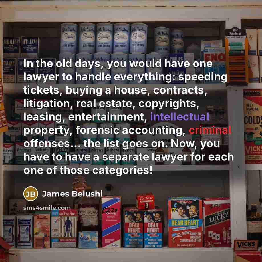 “In the old days, you would have one lawyer to…” quote by James Belushi