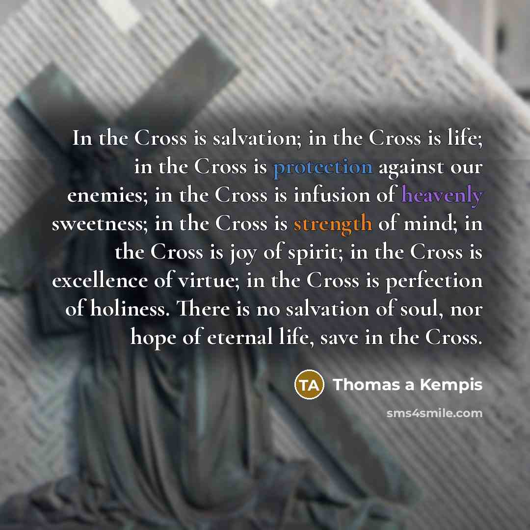 “In the Cross is salvation; in the Cross is life; in the Cross is protection against our enemies; in the Cross is infusion of heavenly sweetness; in the Cross is strength of mind; in the Cross is joy of spirit; in the Cross is excellence of virtue; in the Cross is perfection of holiness. There is…” quote by Thomas a Kempis
