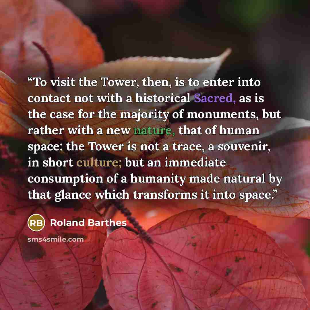 “To visit the Tower, then, is to enter into contact not with a historical Sacred, as is the case for the majority of monuments, but rather with a new nature, that of human space: the Tower is not a trace, a souvenir, in short culture; but an immediate consumption of a humanity made natural by that…” quote by Roland Barthes