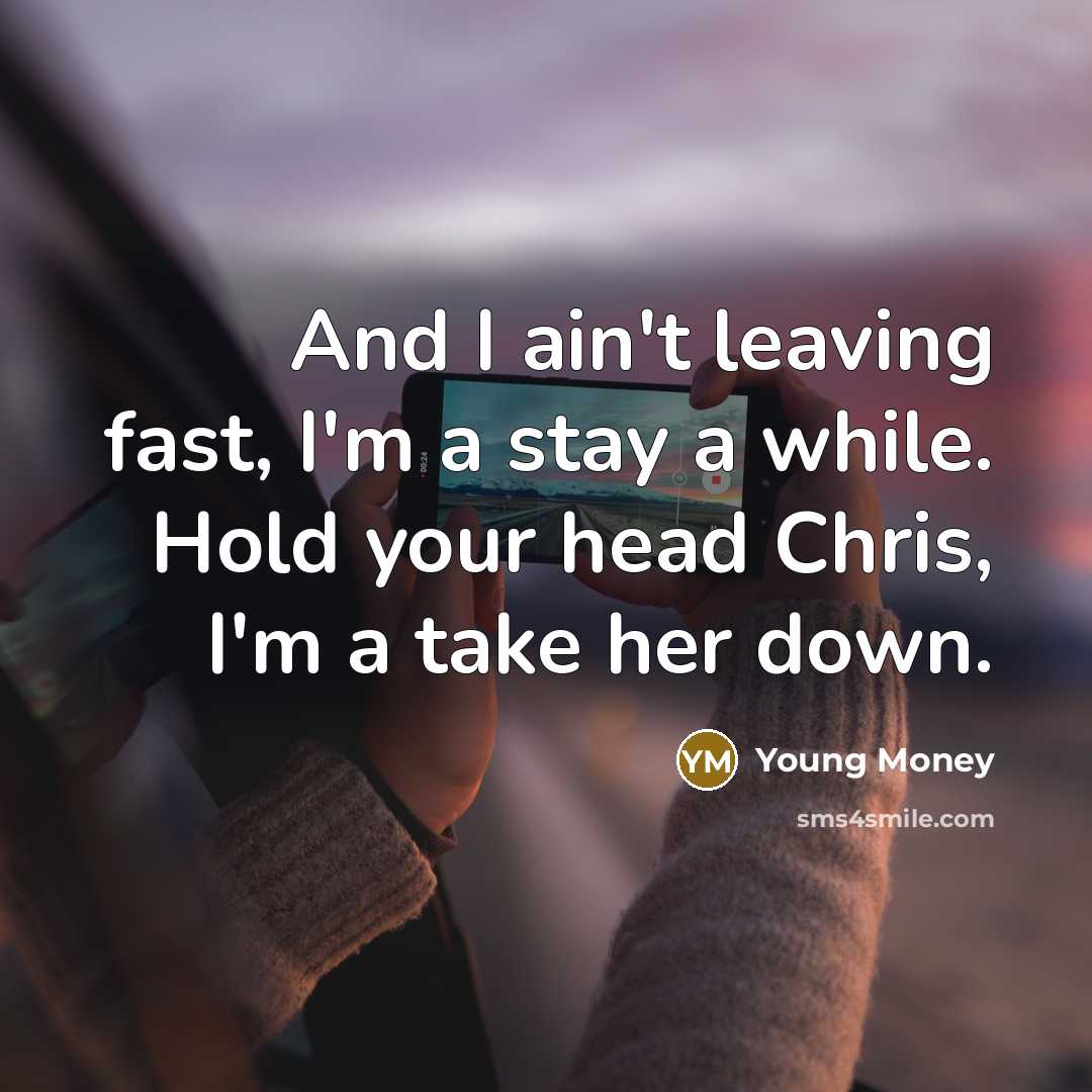 “And I ain't leaving fast, I'm a stay a while. Hold your head Chris, I'm a take her down.” quote by Young Money